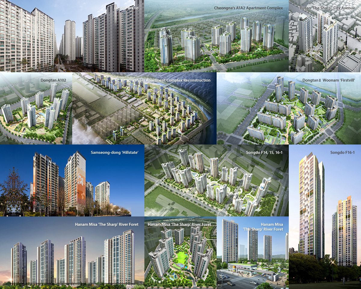 Jamsil Parkrio,Cheongna’s A1A2 Apartment Complex,The Sharp City Avenue,Yeonsan-dong, Busan,Dongtan A102,Apartment Reconstruction in Gwangcheon-dong, Gwangju,Dongtan Unam Firstvill Apt, Dongtan A15,Hillstate,  Yeongdong Chagwan Apt. in Samseong-dong, Seoul,Songdo F14, 15, 16-1,Songdo 16-1,Riverfore, Hanam Misa,Riverfore, Hanam Misa,Riverfore, Hanam Misa